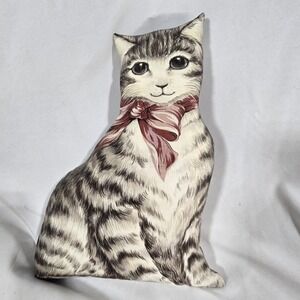 Vintage Handmade Tabby Cat Pillow | Stuffed Cat Plush | Folk Art Decor